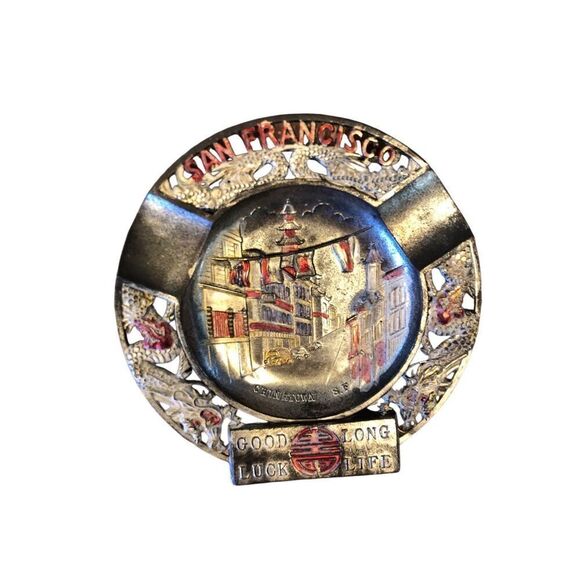 Vintage San Francisco Tin Plate Embossed Ashtray Catch All Americana Kitsch Deco - Picture 9 of 16